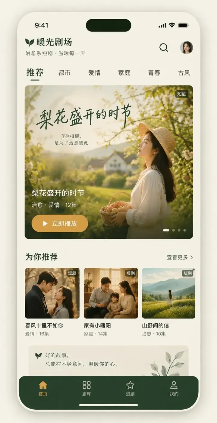 黄豆短剧 APP 首页界面预览，展示暖光剧场短剧海报墙